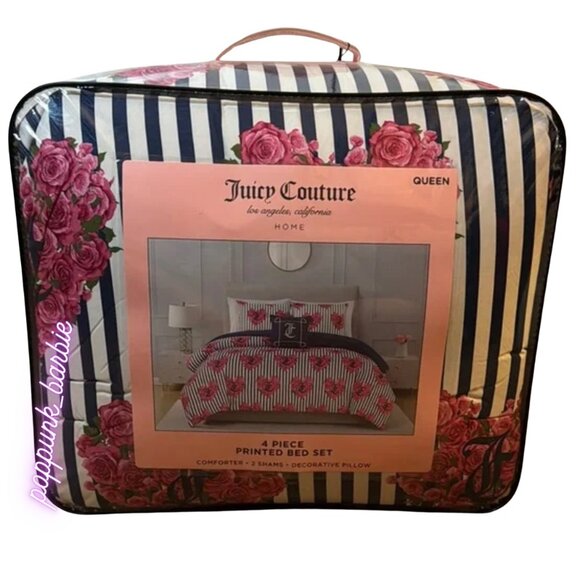 Juicy Couture Pink and Blue‎ Striped Heart Roses Comforter Bedding Set - Picture 1 of 17